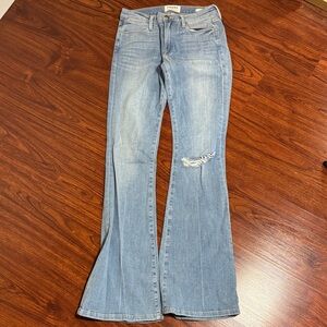 Frame Denim Light Wash Flare Jeans with Knee Rip